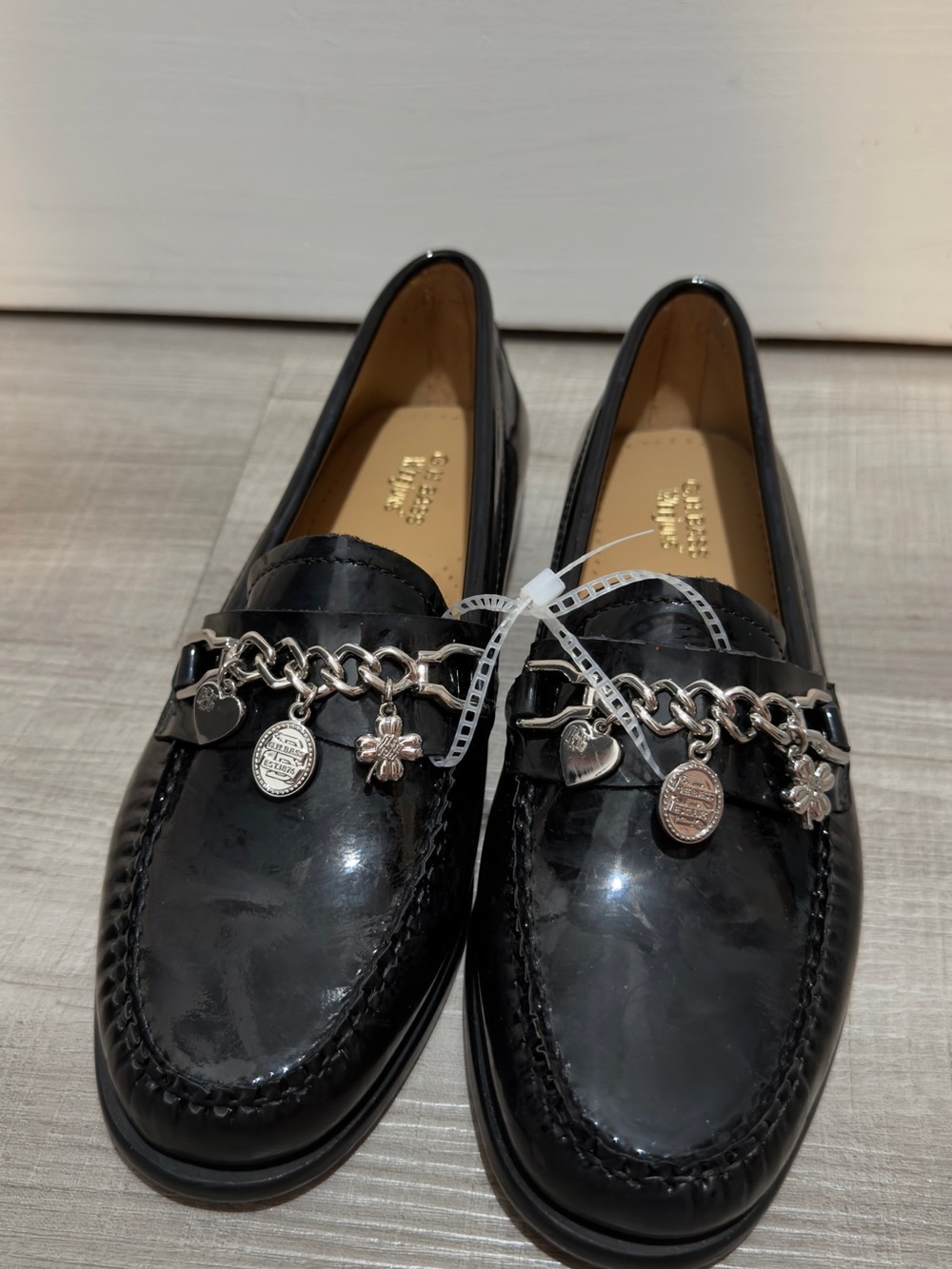 Black Patent Charm Loafers with Silver Accents